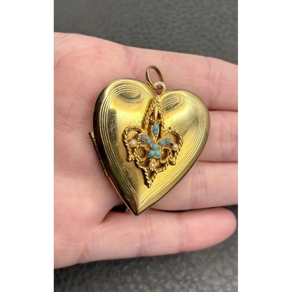 Vintage Large Fleur de Lis Heart Locket Pendant Faux Turquoise Faux Pearl Ornate